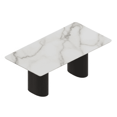 A modern rectangular dining table featuring a polished white marble top with gray veining, supported by two dark, rounded, cylindrical pedestal bases. — 3D model (AI enhanced source)