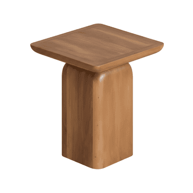 A modern solid wood table featuring a square top with gently rounded corners and a substantial, column-like pedestal base, all crafted from natural wood. — 3D model (AI enhanced source)