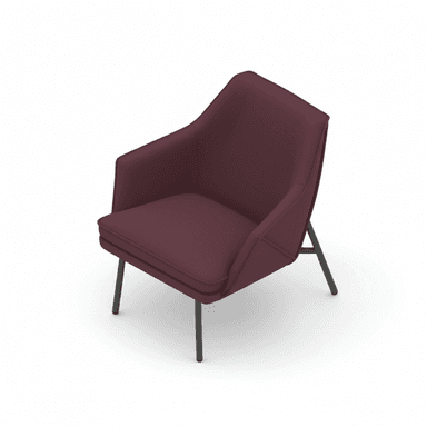 A contemporary lounge armchair featuring a deep plum or burgundy upholstery, a wide and low-profile design, and sleek, angled black metal legs. The chair has a unified upholstered shell that forms the backrest and arms, with a separate, plush seat cushion. The overall aesthetic is minimalist and modern, designed for comfort and style. — 3D model (AI enhanced source)