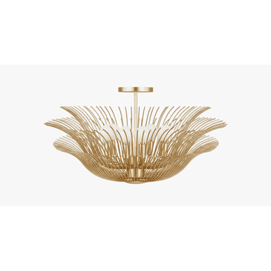 A semi-flush mount chandelier featuring a decorative gold-toned metal wireframe structure that radiates outwards, resembling a floral or botanical form. Multiple spherical white glass diffusers are nestled within the intricate metalwork, concealing the light sources. The fixture is mounted directly to the ceiling via a matching gold-toned canopy. — 3D model (AI enhanced source)
