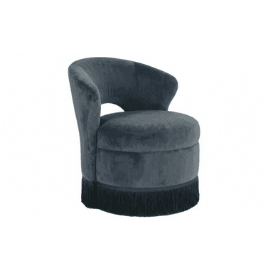 A compact, barrel-shaped accent chair upholstered in dark grey velvet, featuring a continuous curved backrest and integrated armrests, and finished with a matching fringe trim around its circular base. — 3D model (AI enhanced source)