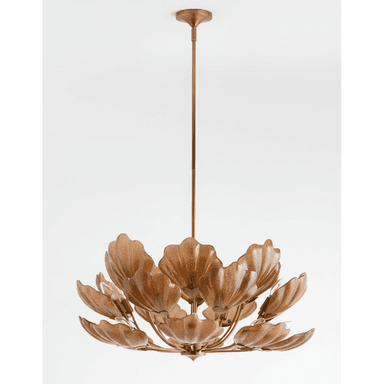 A sophisticated chandelier featuring a brass frame and multiple tiers of amber-colored, textured glass shades shaped like flower petals. It is suspended from a brass rod and canopy, providing a warm and elegant lighting fixture. — 3D model (AI enhanced source)