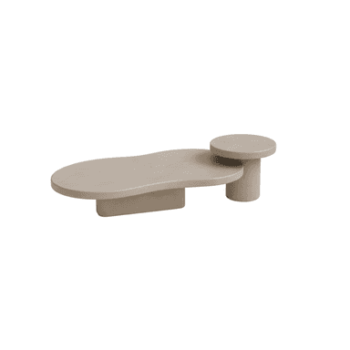 A contemporary, low-profile table featuring two interconnected surfaces of differing shapes and heights. The primary surface is a kidney-bean or organic-shaped top, supported by a rectangular plinth base. A secondary, circular top is slightly elevated and supported by a cylindrical base. The entire piece is rendered in a uniform light beige or greige color, suggesting a monolithic material like concrete, plaster, or a composite. The design emphasizes sculptural form and smooth, rounded edges. — 3D model (AI enhanced source)
