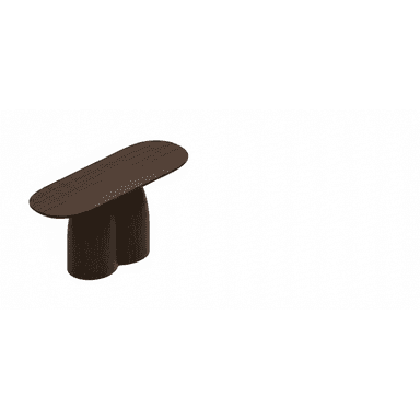 A contemporary console table crafted from dark wood, featuring an elongated oval tabletop supported by a unique, sculptural double-column base composed of two integrated, rounded pillars. — 3D model (AI enhanced source)