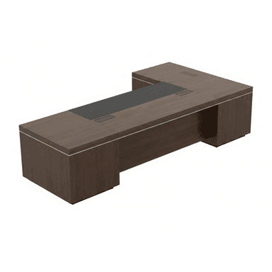 A modern U-shaped executive office desk featuring a dark wood veneer finish, a central black surface insert, and integrated flush-mounted power and data modules. A subtle silver accent strip runs along the edges, and the desk is supported by solid block bases. — 3D model (AI enhanced source)