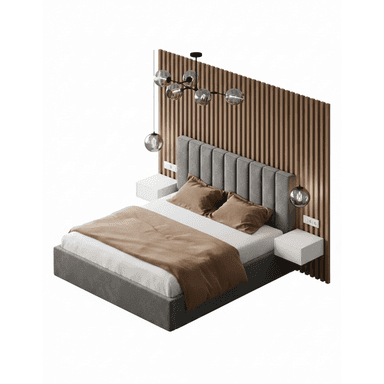 A modern upholstered platform bed with a tall, grey channel-tufted headboard, integrated with white floating nightstands and backed by a vertical slatted wood wall panel. The bed includes white and brown bedding. — 3D model (AI enhanced source)