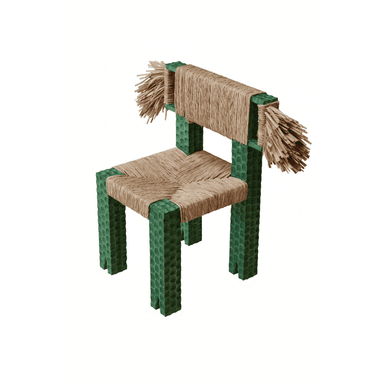 A unique, artisanal accent chair featuring a square, block-like frame crafted from wood with a distinctive deeply textured, almost scalloped or reptilian pattern, finished in a dark green hue. The seat and backrest are constructed from tightly woven natural fiber, likely rattan or raffia, creating a sturdy yet visually appealing surface. The backrest extends slightly beyond the frame, terminating in decorative, untamed fringes of the same natural fiber, adding to its handcrafted aesthetic. The chair's design suggests a blend of rustic charm and contemporary artistic flair. — 3D model (AI enhanced source)