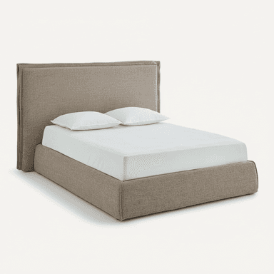 A contemporary low-profile platform bed featuring a fully upholstered frame and an integrated headboard with subtly angled sides, all covered in a neutral, textured fabric. — 3D model (AI enhanced source)