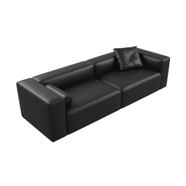 A contemporary black sectional sofa, comprising at least two modular segments, upholstered in what appears to be smooth black leather or a high-quality synthetic leather. It features clean lines, block-style armrests, and backrests, with a minimalist aesthetic. A single matching loose cushion is placed on one of the backrests. — 3D model (AI enhanced source)