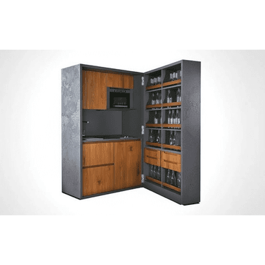 A compact, self-contained kitchen and bar unit designed to be concealed within a cabinet. The exterior features a dark grey, textured finish, opening to reveal a functional kitchenette on one side and extensive beverage storage on the other. The kitchenette includes an integrated microwave, a stovetop, a sink, and wooden storage drawers, while the bar section provides specialized shelving for bottles and glasses. — 3D model (AI enhanced source)