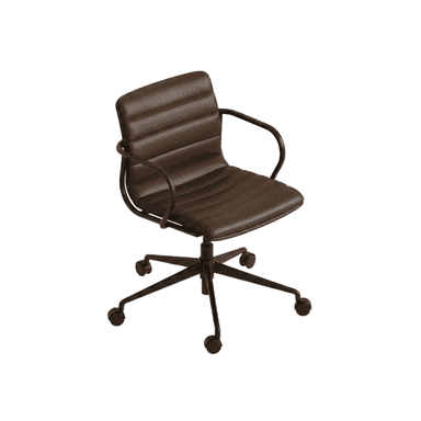 A contemporary office chair featuring a low-back design with horizontal ribbed brown leatherette upholstery for both the seat and backrest. It has a sleek black metal frame with integrated U-shaped armrests that extend from the backrest and curve forward. The chair is supported by a five-star black metal base equipped with casters for mobility and includes a central column suggesting a swivel and potentially height adjustment mechanism. — 3D model (AI enhanced source)