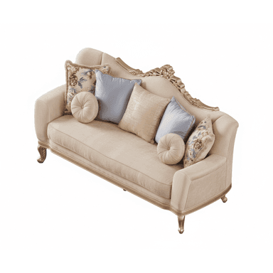An ornate, gilded chaise lounge upholstered in a beige, velvety fabric. It features a dramatically carved and gilded wooden frame along the backrest and base, with matching cabriole legs. The backrest is asymmetrical, rising higher on one side, and the piece includes a rolled armrest on one end. It is adorned with several decorative throw pillows in varied textures, colors, and patterns, including floral and solid designs. — 3D model (AI enhanced source)