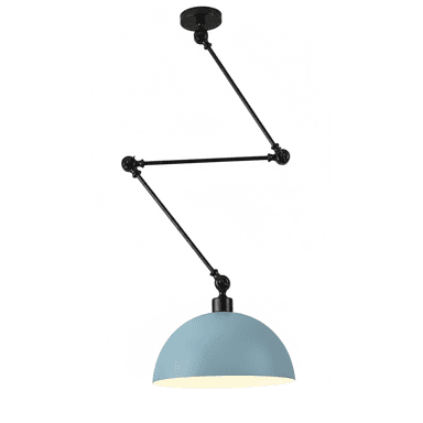 A pendant light fixture featuring a dome-shaped shade and an articulated arm for adjustable positioning. The fixture is constructed with a black metal finish for the arm and canopy, and a light blue painted metal for the shade. The articulated arm consists of multiple pivot points, allowing for the height and angle of the shade to be customized. The dome shade is open at the bottom, directing light downwards. — 3D model (AI enhanced source)