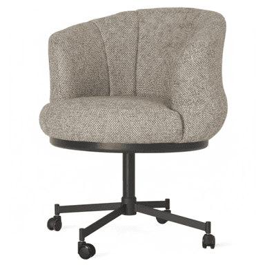 An upholstered swivel chair featuring a bucket-style seat with integrated armrests and a curved backrest. The chair is covered in a textured, light brown/beige fabric with vertical channel tufting on the back. It sits on a black metal five-star base equipped with casters for mobility. — 3D model (AI enhanced source)