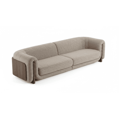 A modern two-seater sofa featuring a clean, curved silhouette. It is upholstered in a textured beige or light brown fabric. Distinctive dark wood panels are integrated into the lower outer sides of the armrests, extending to form part of the base. The armrests themselves are generously padded and rounded. The sofa has two plush seat cushions and a continuous backrest. — 3D model (AI enhanced source)