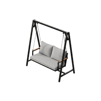 A contemporary freestanding two-seater swing bench featuring a black metal A-frame structure that supports a suspended seat. The seat is equipped with thick grey fabric cushions for both the backrest and the seat, and it has wooden accents on the armrests. The swing mechanism uses metal chains. — 3D model (AI enhanced source)