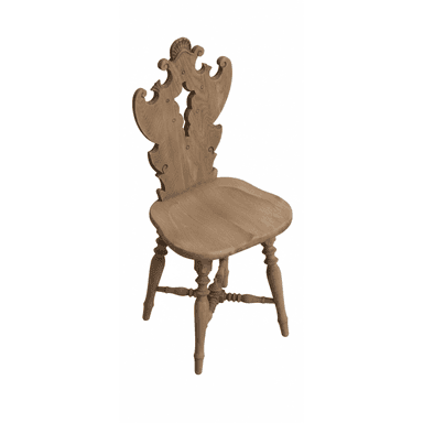 A highly decorative wooden side chair featuring elaborate carving on its backrest, a sculpted seat, and turned legs. The chair is made of light-colored wood, possibly oak, with a natural finish. — 3D model (AI enhanced source)