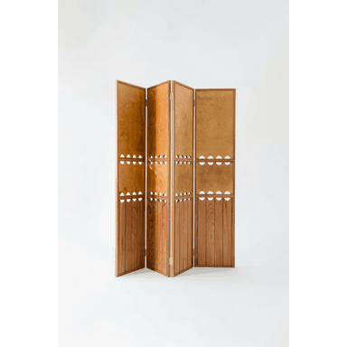 A four-panel folding room divider featuring a frame and lower sections constructed from medium-toned wood, likely teak or walnut, showcasing a prominent grain. The upper sections of each panel are filled with a lighter, opaque material, possibly leather or parchment. A distinctive design element consists of a row of semi-circular cutouts situated at the transition point between the upper and lower panel sections, adding visual interest and a sense of lightness. The panels are connected by hinges, allowing the screen to be articulated and folded for versatile use and storage. — 3D model (AI enhanced source)