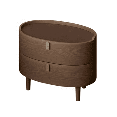 An oval-shaped nightstand with two drawers, featuring a dark wood finish and tapered legs. The top surface appears to be a darker, possibly lacquered wood or a contrasting material inset into the main body. Each drawer has a small, rectangular, light-colored handle. — 3D model (AI enhanced source)