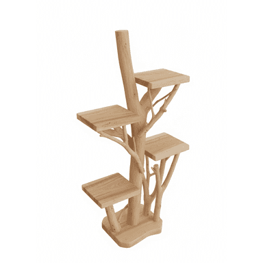 A natural wood display shelving unit designed with a tree-like aesthetic, featuring a central column resembling a tree trunk and multiple square shelves supported by branch-like structures. The unit has a stable, irregular-shaped base. — 3D model (AI enhanced source)