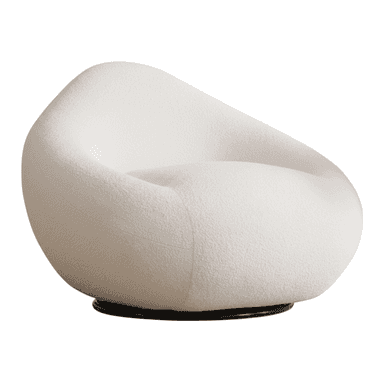 A modern, sculptural, off-white upholstered swivel lounge chair with an organic, rounded form, set on a dark circular base. — 3D model (AI enhanced source)