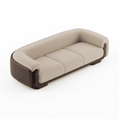 A modern three-seater sofa featuring a light beige upholstered body with three distinct seat cushions and integrated rounded armrests. The upholstered section rests within a dark brown wooden frame that wraps around the entire base and extends upwards to encompass the lower part of the arms and back, creating a visually continuous, floating effect. The design is sleek, contemporary, and low-profile. — 3D model (AI enhanced source)