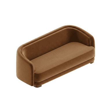 A contemporary loveseat featuring a continuous, rounded backrest and integrated arms upholstered in a plush, camel-colored velvet fabric. The design is characterized by its smooth, curvilinear lines and minimalist profile, resting on a recessed dark wood base. The seat cushion is integrated, contributing to the streamlined appearance. — 3D model (AI enhanced source)
