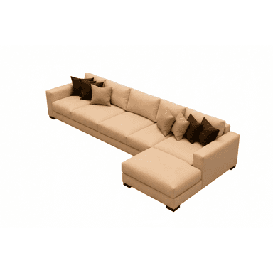A large beige modular sectional sofa with an integrated chaise lounge, multiple back cushions, and several throw pillows in varying brown and tan shades, set on a white background. — 3D model (AI enhanced source)