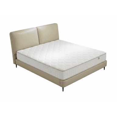 A modern platform bed featuring a low-profile upholstered frame and a distinctive two-panel padded headboard. The bed is presented with a standard white quilted mattress, supported directly by the platform base. The entire frame and headboard are upholstered in a light beige or cream-colored material, and the bed stands on short, tapered black legs, contributing to a clean, contemporary aesthetic. — 3D model (AI enhanced source)