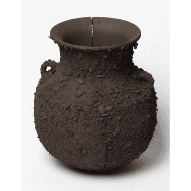 A dark, heavily textured ceramic urn featuring a globular body, a wide, flared rim, and a single visible handle stub. The surface exhibits a coarse, granular texture, reminiscent of rough earth or volcanic rock. A prominent vertical crack is visible along the side, intentionally repaired with multiple metal staples, contributing to a wabi-sabi aesthetic. The overall color is a deep, matte brown or charcoal, and the object appears unglazed. — 3D model (AI enhanced source)