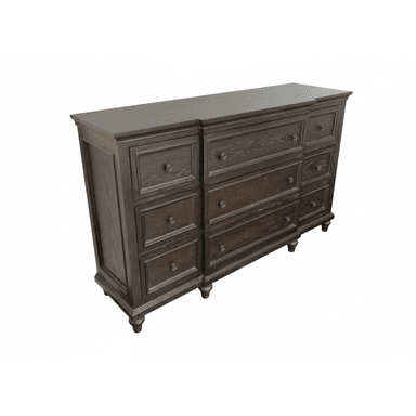 A long, dark-stained wooden dresser featuring a classic transitional design. It has a total of nine drawers, with three larger, horizontal drawers in the center stack and two vertical stacks of three smaller drawers on each side. The drawer fronts feature framed panel detailing, and all drawers are equipped with round, dark knob pulls. The dresser stands on short, turned bun feet and has a slightly overhanging top with a subtle crown molding detail. — 3D model (AI enhanced source)
