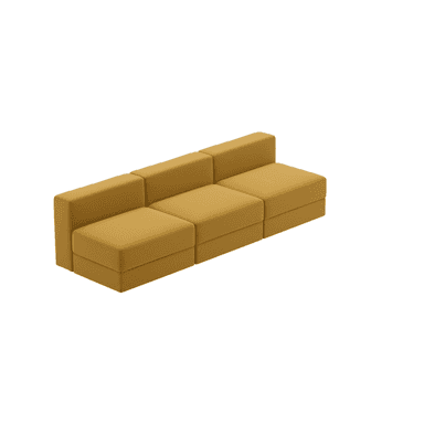 A contemporary modular sectional sofa composed of multiple upholstered block-like units in a mustard yellow fabric, arranged in a straight line with three backrests. — 3D model (AI enhanced source)