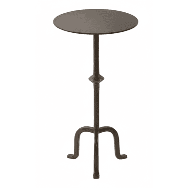 A tall, dark metal pedestal table featuring a round, flat top with a subtle hammered texture. The central column has a pronounced hammered finish and a decorative bulge midway down, transitioning into three elegantly curved legs that provide a stable, tripod base. The finish is a matte, dark bronze or antique iron. — 3D model (AI enhanced source)