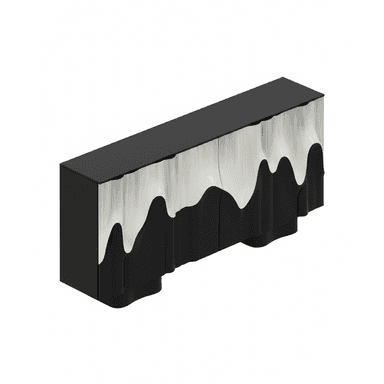 A contemporary sideboard featuring a distinctive wavy, 'melting' facade in contrasting metallic silver and matte black, with a flat black top and sides. — 3D model (AI enhanced source)