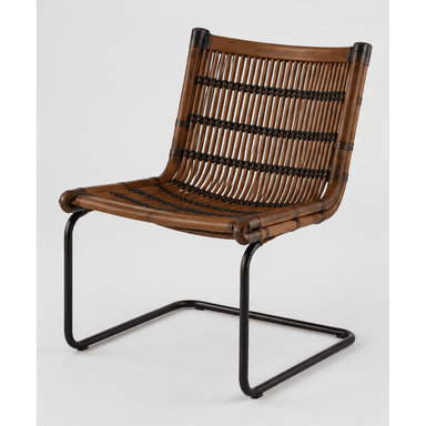 A modern armless chair featuring a woven rattan seat and backrest on a black powder-coated steel cantilever frame. — 3D model (AI enhanced source)