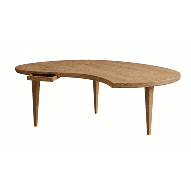A kidney-shaped coffee table crafted from light-toned wood, featuring four tapered legs and a small, integrated drawer. The design showcases an organic, asymmetrical tabletop and minimalist detailing. — 3D model (AI enhanced source)