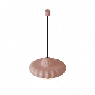 A pale pink pendant light featuring a distinctive ruffled, circular shade. The light hangs from a black cord attached to a cylindrical ceiling canopy. The main shade has a softly undulating or ruffled edge, and a central, raised element with vertical fluting. A diffused light source is visible at the bottom center of the shade. — 3D model (AI enhanced source)