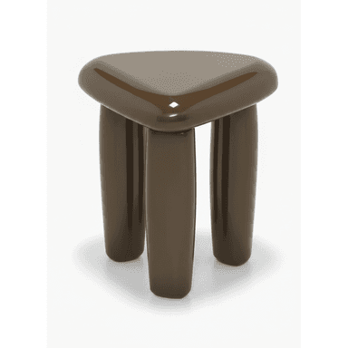 A contemporary, sculptural stool featuring a rounded triangular top and three thick, cylindrical legs, all rendered in a uniform high-gloss dark brown finish. — 3D model (AI enhanced source)