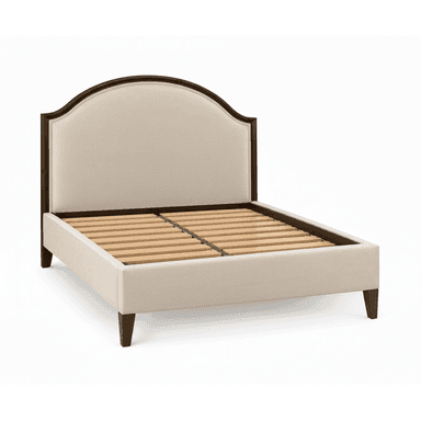 A contemporary bed frame featuring an arched upholstered headboard and a fabric-wrapped bed base, supported by dark wood tapered legs. The internal structure includes wooden slats for mattress support, visible through the frame. — 3D model (AI enhanced source)