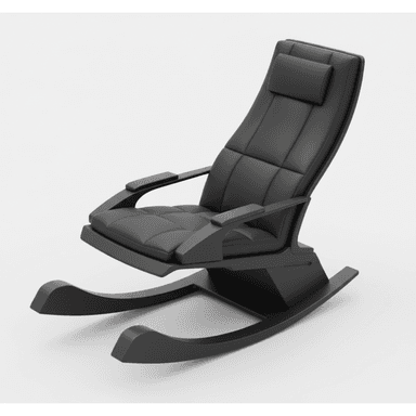 A contemporary black rocking chair with upholstered, segmented seat and backrest, featuring a padded headrest and integrated armrests, all mounted on a sleek, matte black rocking base. — 3D model (AI enhanced source)