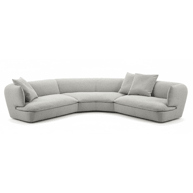 A curved sectional sofa upholstered in a light grey textured fabric. It features a low profile with rounded armrests and deep seating. Two matching throw pillows are placed on the sofa. — 3D model (AI enhanced source)