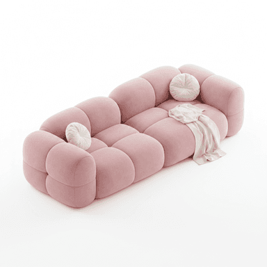 A contemporary modular sofa featuring a distinct bubble or pill-shaped design, upholstered in a soft pink fabric. The sofa consists of multiple rounded, individual seating and backrest units that combine to form a multi-person seating arrangement. It is adorned with two small, round, tufted cushions and a light-colored throw blanket, suggesting a cozy and modern aesthetic. — 3D model (AI enhanced source)