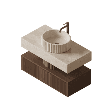 A modern wall-mounted bathroom vanity featuring a dark fluted wood cabinet, a beige marble countertop, and a matching fluted marble vessel sink, accompanied by a brass faucet. — 3D model (AI enhanced source)