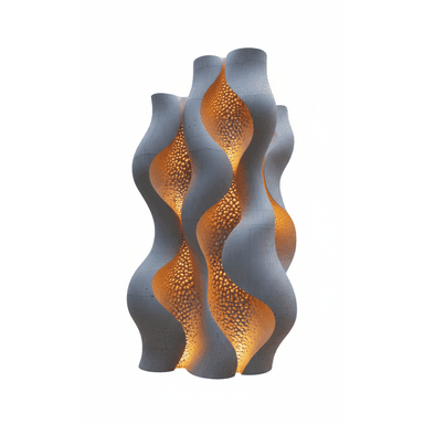 A tall, sculptural floor lamp composed of multiple undulating, vertical elements. The exterior is a smooth, matte grey material resembling concrete, while the interior surfaces are textured, golden-orange, and internally illuminated, creating a warm glow. — 3D model (AI enhanced source)