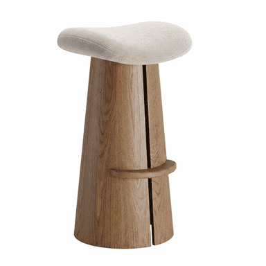 A contemporary bar stool featuring a flared, conical oak wood base with a distinctive vertical slot, an integrated circular footrest, and an upholstered saddle-shaped seat in a light beige fabric. — 3D model (AI enhanced source)