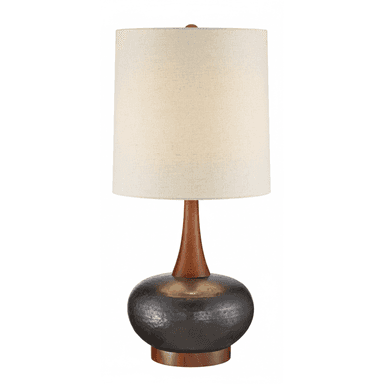 A modern table lamp featuring a hammered dark metal spherical base, a tapered natural wood stem, and a cylindrical cream fabric lampshade, set on a round wooden foot. — 3D model (AI enhanced source)