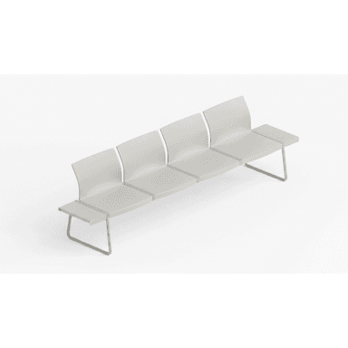 A long, grey, multi-seat bench designed for public waiting areas, featuring four individual seating units with slightly curved backrests and flat seats, flanked by integrated flat side tables. The entire structure is supported by minimalist U-shaped metal legs. — 3D model (AI enhanced source)