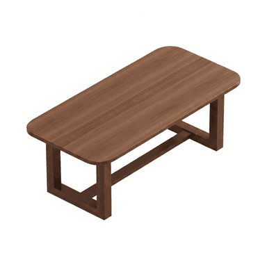 A modern coffee table with a rectangular tabletop featuring rounded corners, constructed entirely from dark-stained wood. The base consists of two H-shaped leg structures connected by a central stretcher, providing a minimalist and stable foundation. — 3D model (AI enhanced source)