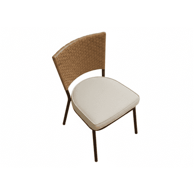 An armless dining chair featuring a curved, woven rattan backrest, an upholstered beige seat cushion, and slender dark metal legs. — 3D model (AI enhanced source)