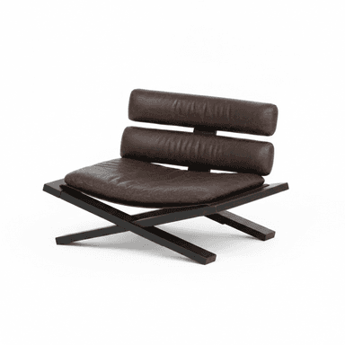 A modern low-profile lounge chair featuring a distinctive black X-frame base and rich brown leather upholstery. The seat cushion is a single, thick padded element, while the backrest is composed of two horizontal padded sections, providing support. The frame appears to be black-stained wood or matte black metal, creating a stark contrast with the warm brown of the cushions. The design emphasizes clean lines and a contemporary aesthetic. — 3D model (AI enhanced source)